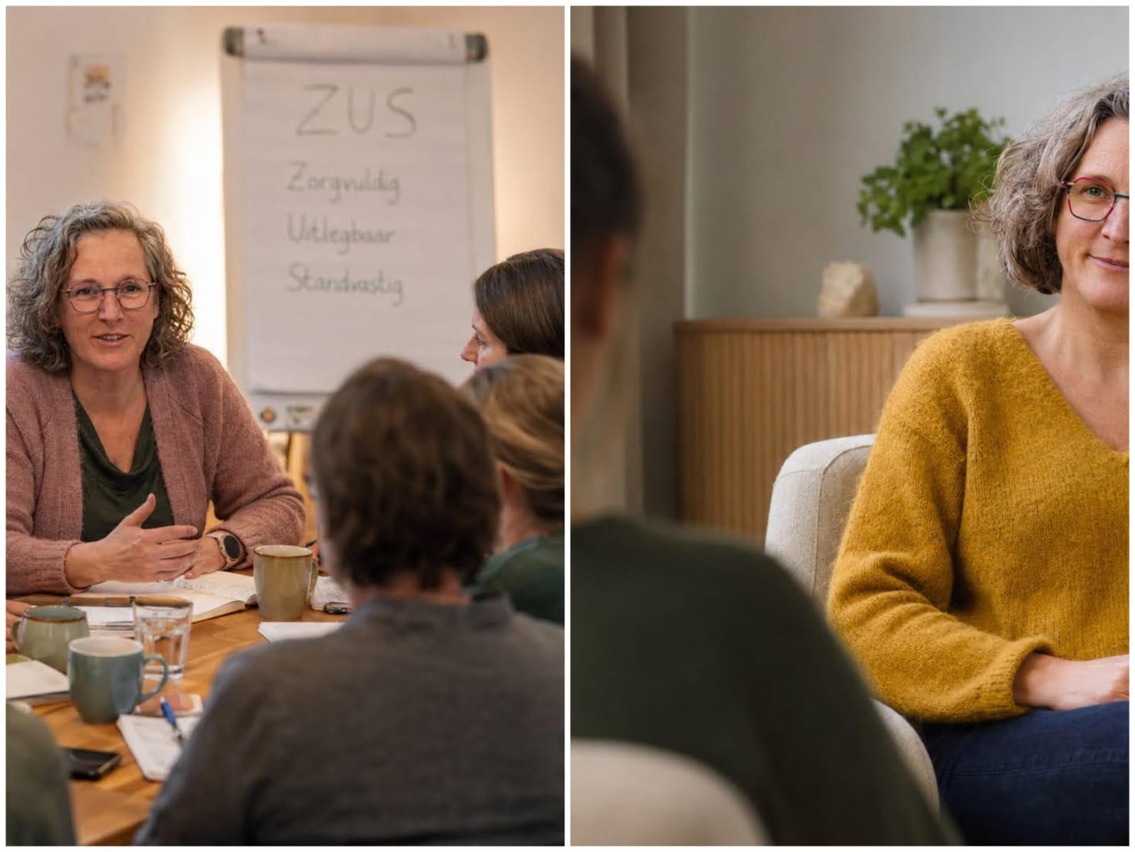 Ils is aan het praten tijdens een coachingssessie aan een team. Daarnaast is Ils aan het luisteren tijdens een gesprek met een vrouw alleen.